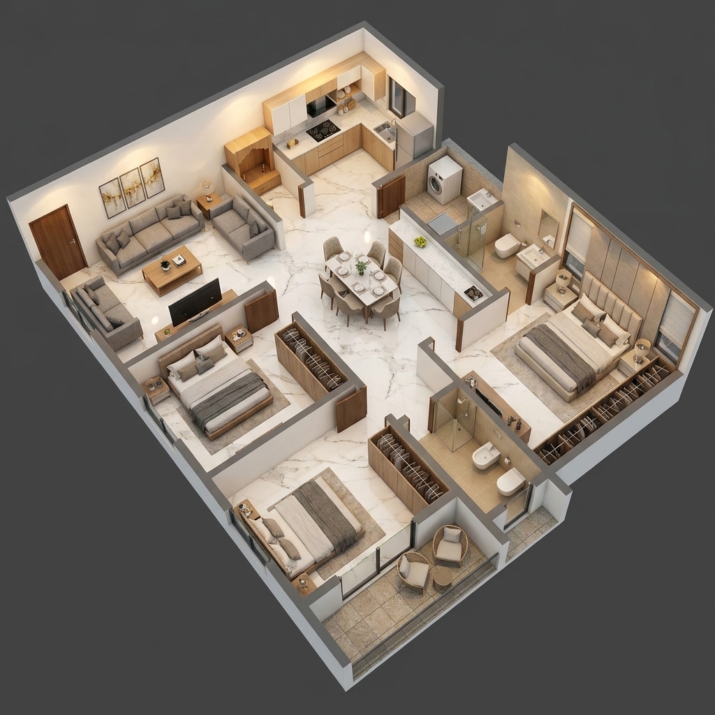 3 BHK · 1470 SFT · 3D render