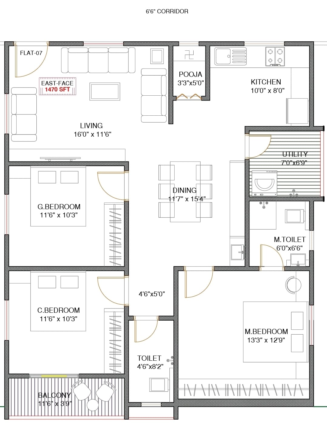 3 BHK · 1470 SFT · 2D floor plan