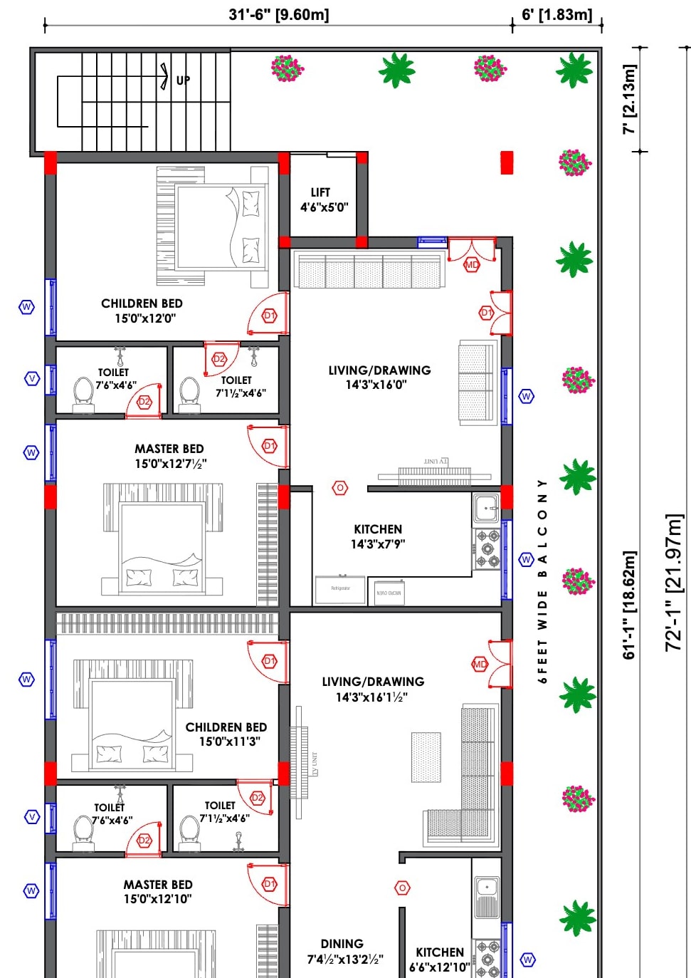 3 BHK · 1580 SFT · 2D plan