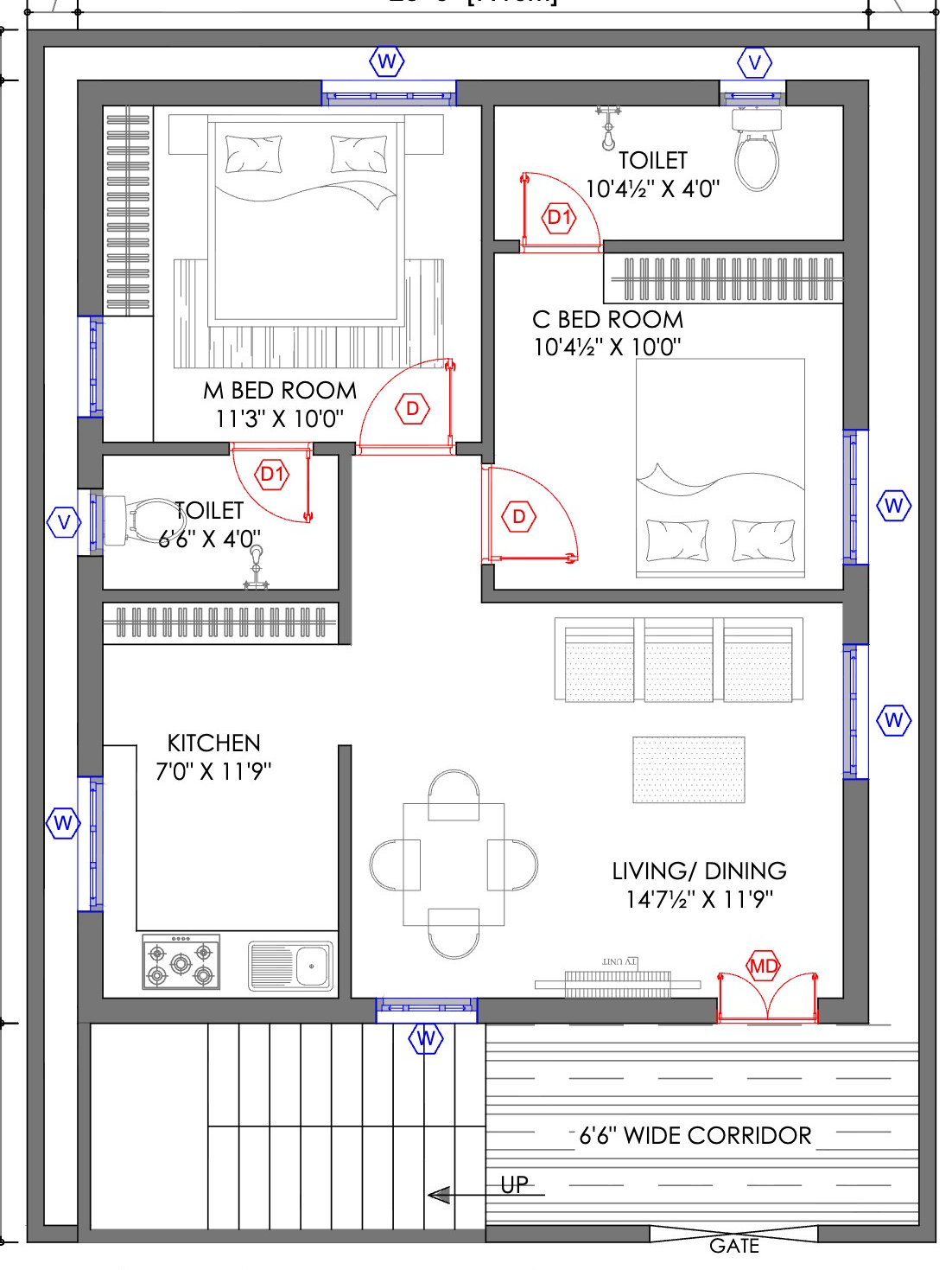 2 BHK · 1050 SFT · 2D plan